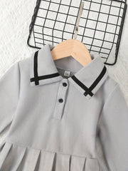 Preppy Dress For Girls Button Collar Solid Long Sleeve A Line Dresses