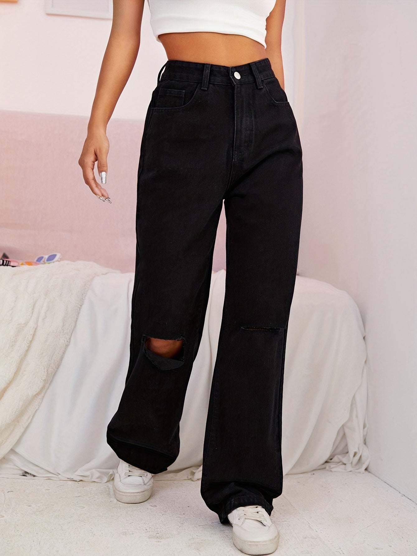 Solid Loose Wide Leg Jeans Women's Denim Pants