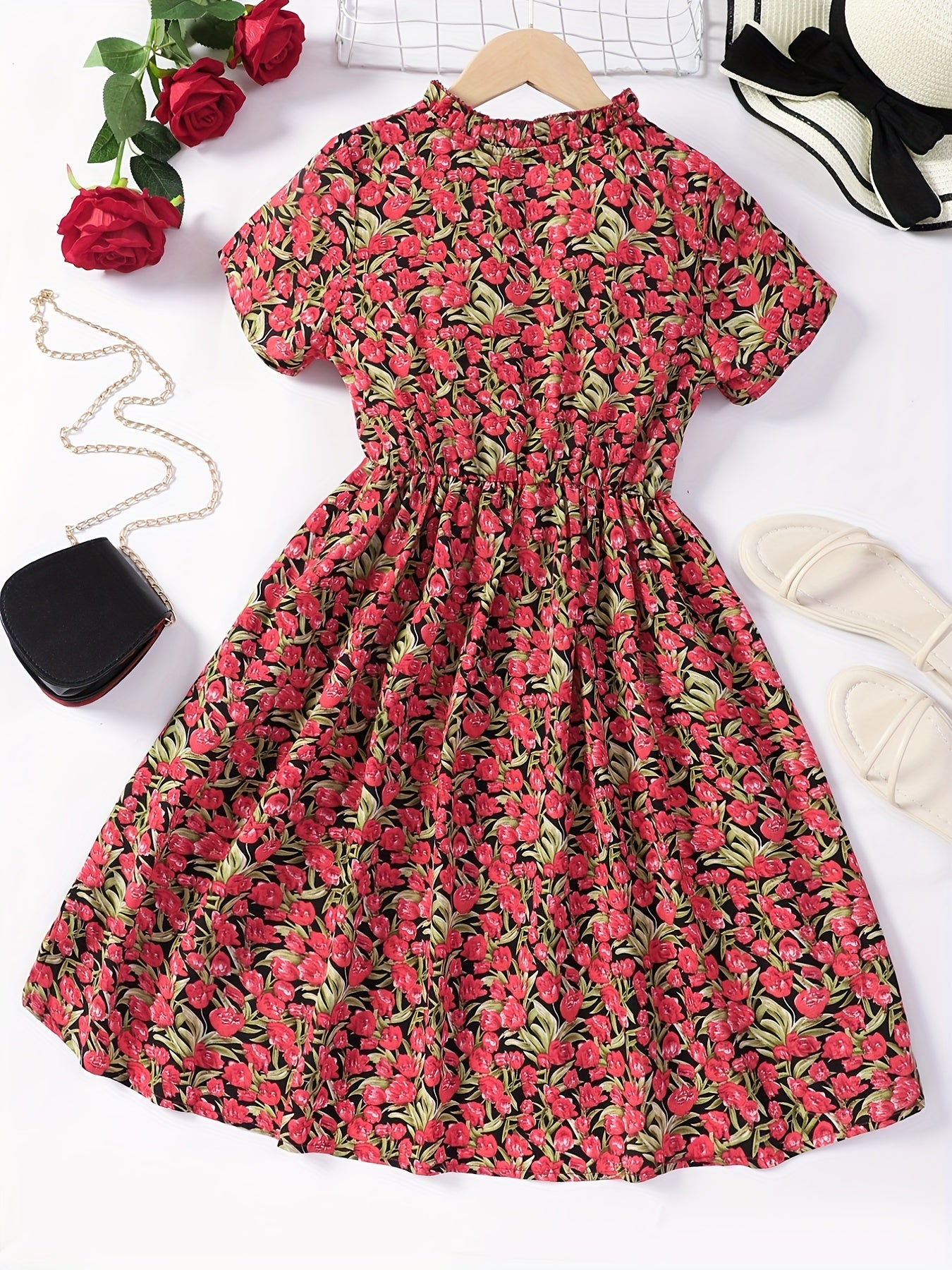 Girls' Floral Button V Neck Short Sleeve Casual Dress