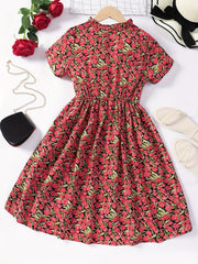 Girls' Floral Button V Neck Short Sleeve Casual Dress