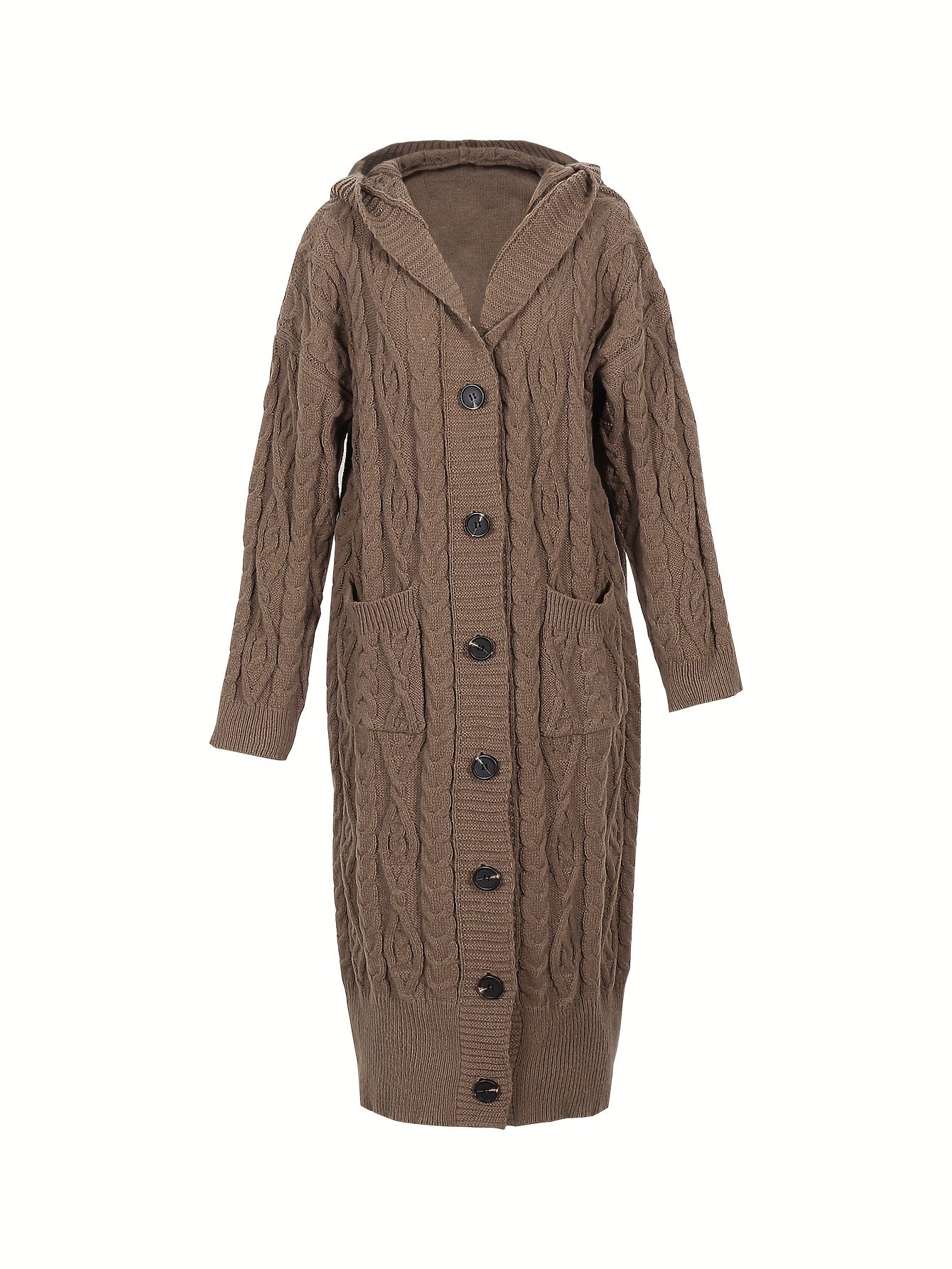 Solid Cable Button Up Long Sleeve Hooded Cardigan