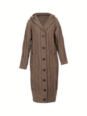 Solid Cable Button Up Long Sleeve Hooded Cardigan
