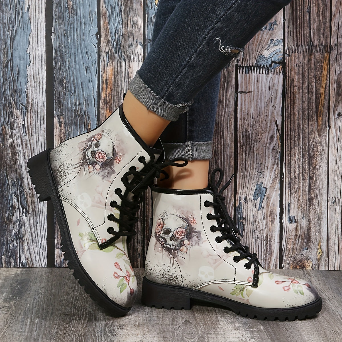 Women's Halloween Skull & Flower Combat Boots Lace Up Round Toe Flat Short Boots
