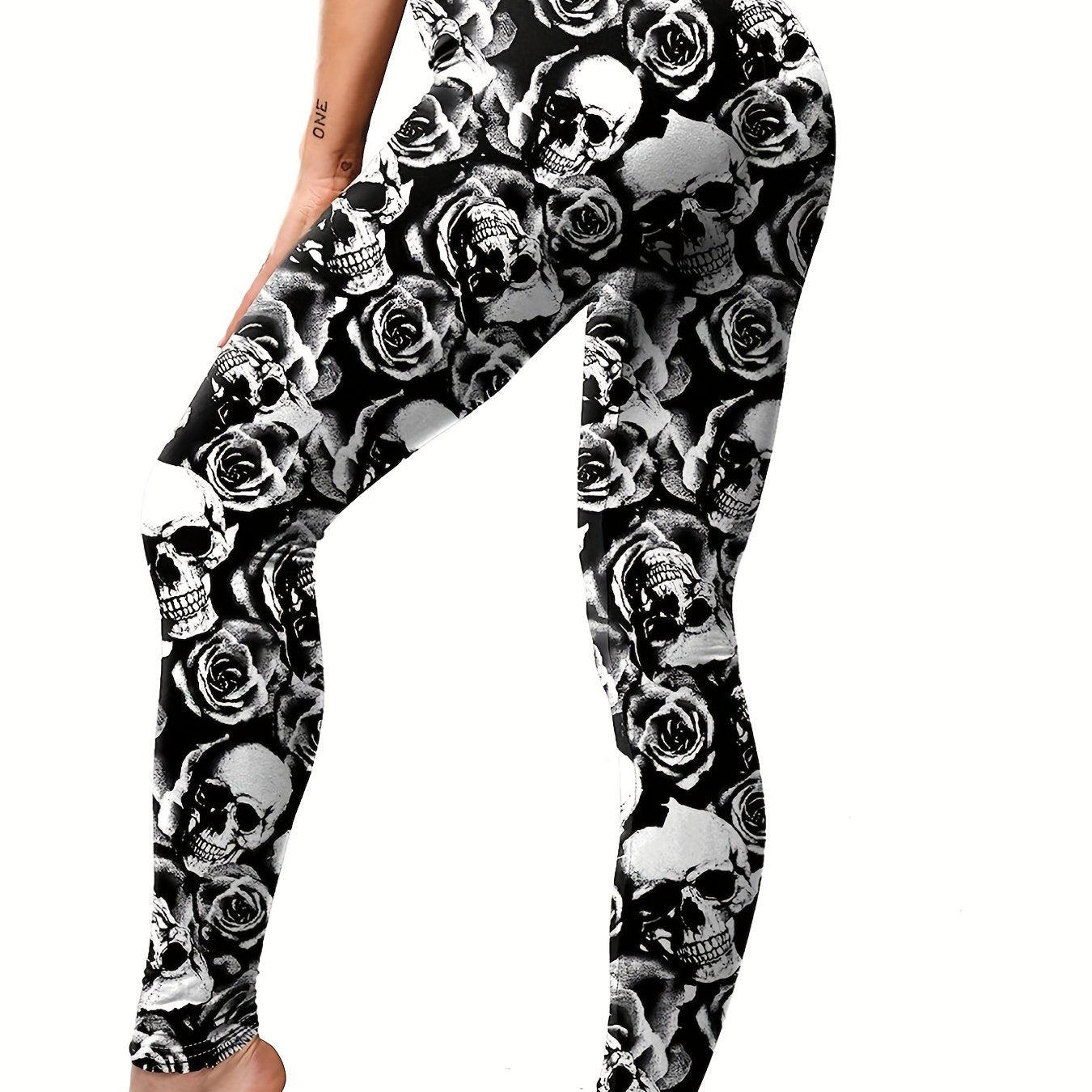 Floral & Skull Print Skinny Leggings Casual Every Stretchy Leggings