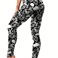 Floral & Skull Print Skinny Leggings Casual Every Stretchy Leggings