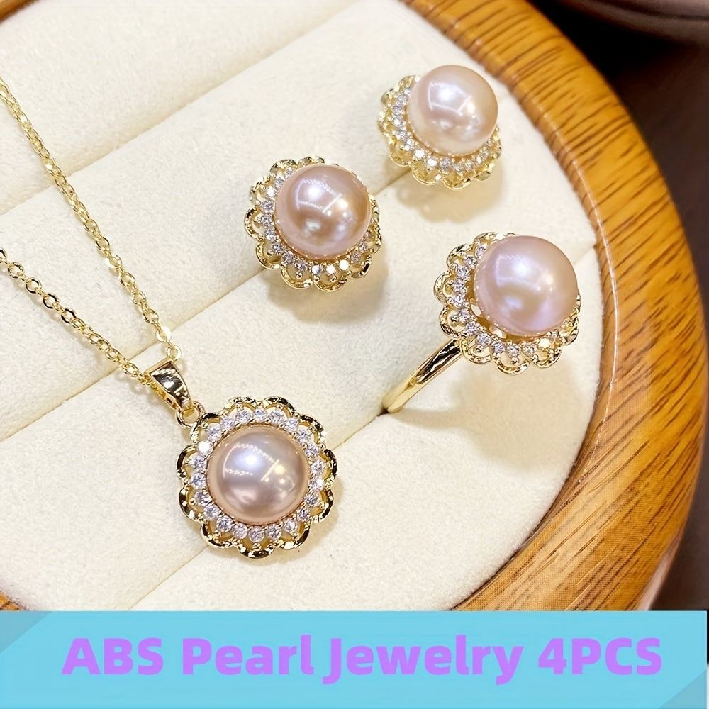 4pcs Girls Faux Pearl Faux Diamond Jewelry Set