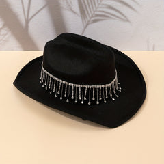 Rhinestone Tassel Vintage Fedora Cap Cowgirl Jazz Hat Unisex Boho Felt Hat