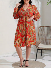 Plus Size Boho Paisley Print Lantern Sleeve Midi Dress