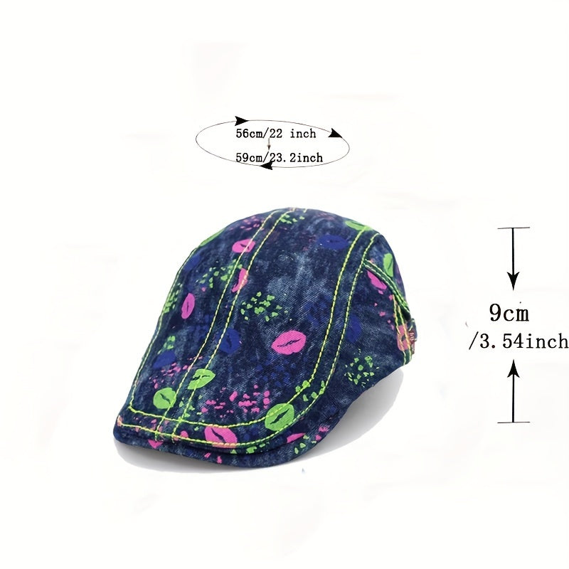 Lips Print Hip Hop Beret Washed Distressed Lightweight Painter Cap