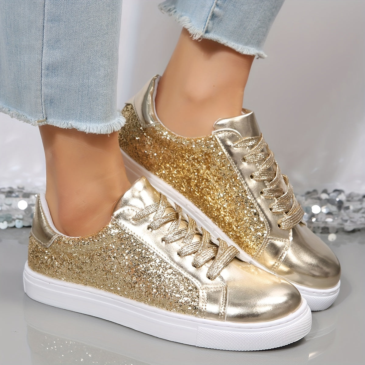 Glitter Flat Sneakers Lace Up Low Top Shoes