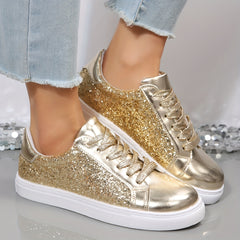Glitter Flat Sneakers Lace Up Low Top Shoes