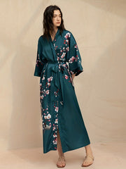 Floral Print Satin Night Robe V Neck House Robe Women's Sleepwear