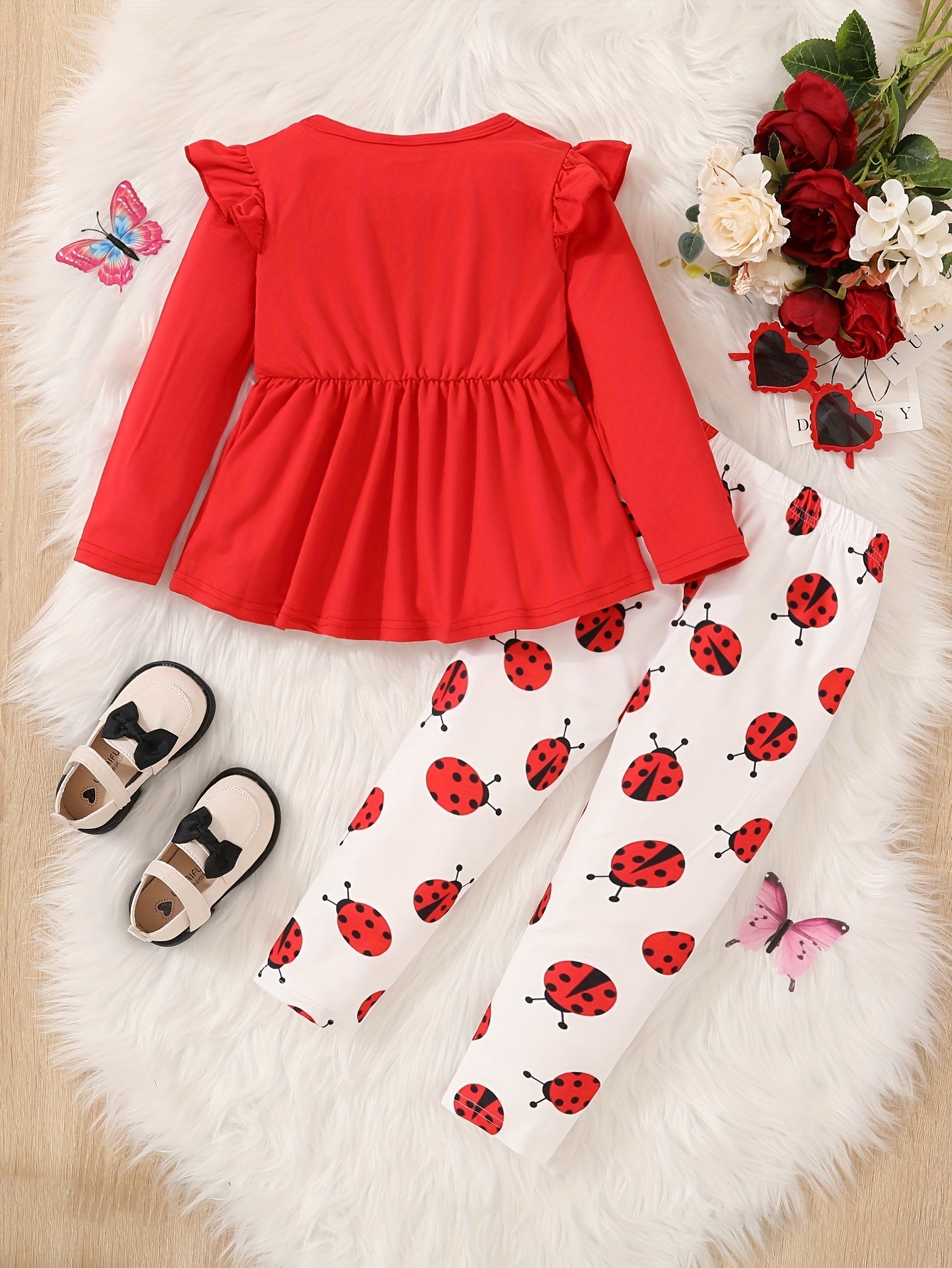 Baby Girl Winter Outfit Flutter Sleeve Splicing Bowknot Skirt Top & Pants Set