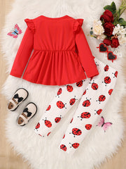 Baby Girl Winter Outfit Flutter Sleeve Splicing Bowknot Skirt Top & Pants Set