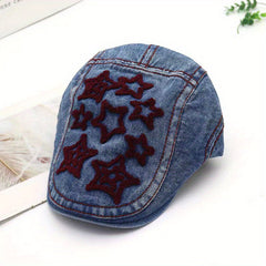 Vintage Washed Distressed Denim Beret with Pentagram Patch