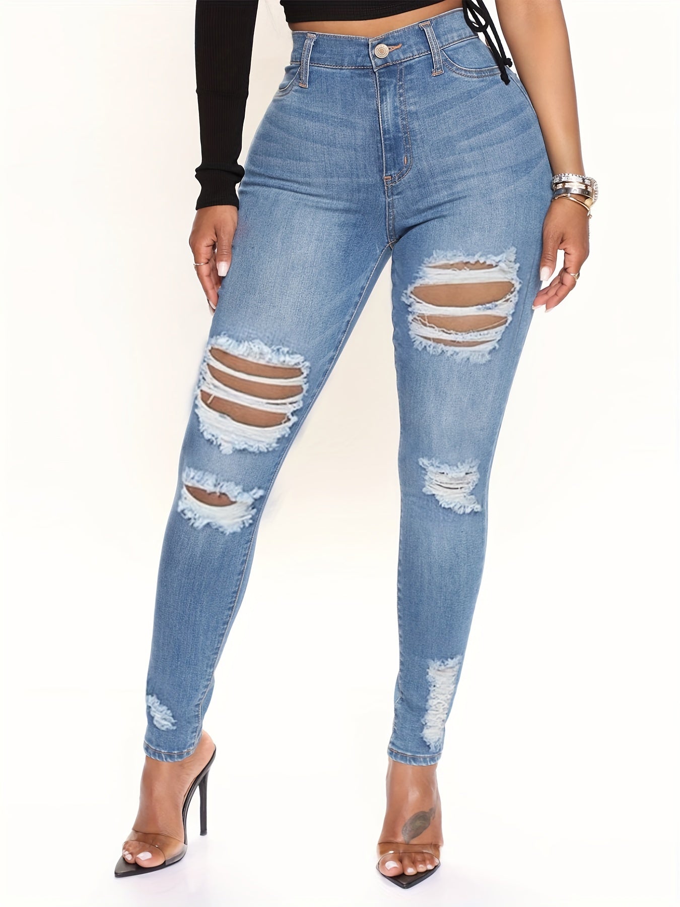 Ripped Stretchy Skinny Fit Jeans High Waist Denim Jeans