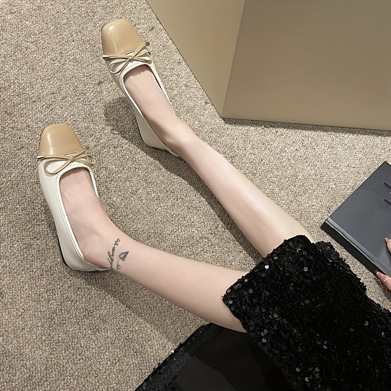 Colorblock Bow Ballet Flats Square Toe Slip On Shoes