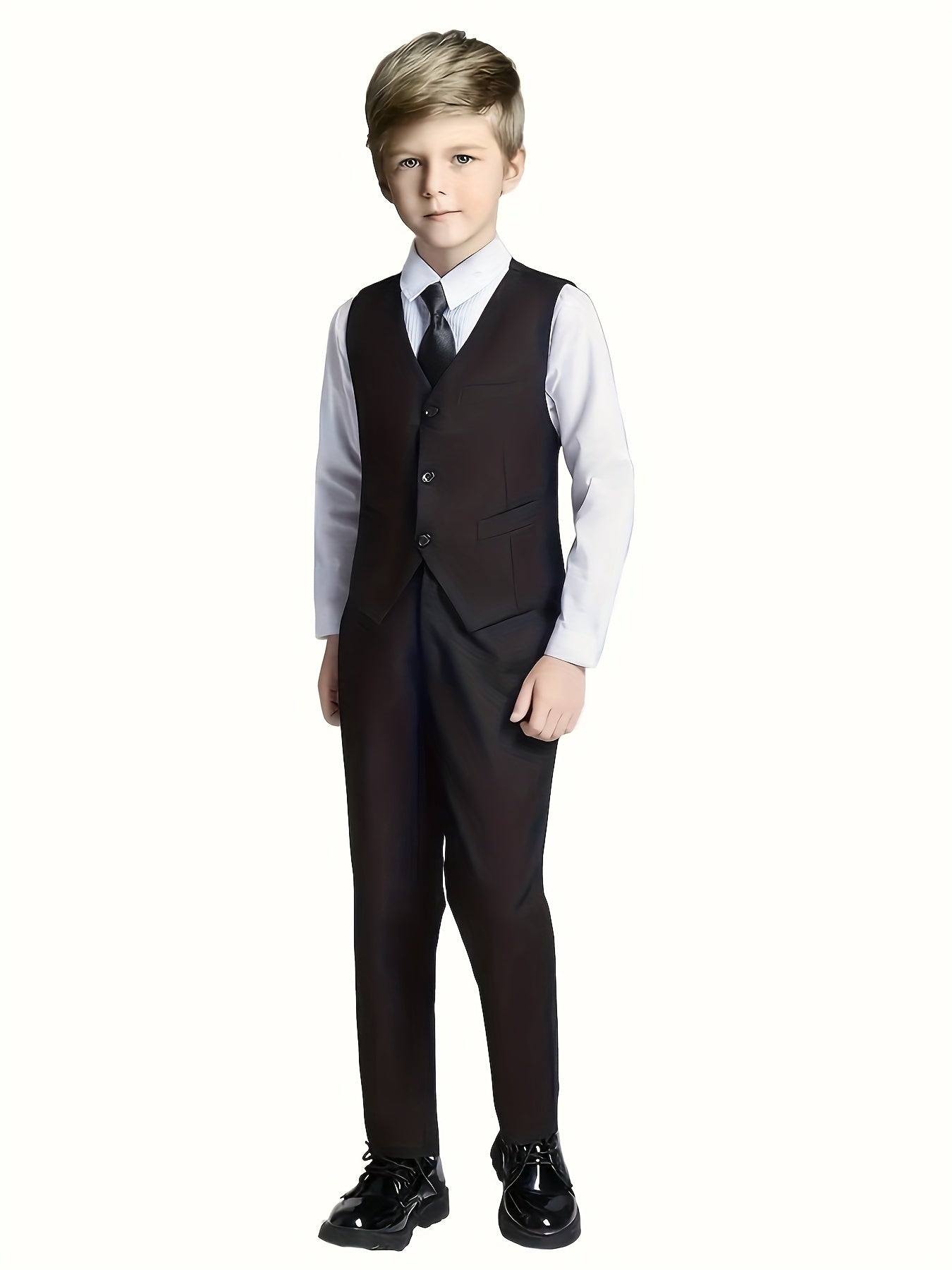 4pcs Boys Slim Fit Gentleman Outfit Set Long Sleeve Shirt&Pants&Vest&Tie