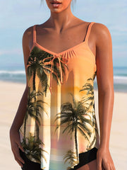 Tropical Print Tie Front V Neck Cami Top & Shorts Swimsuit Set