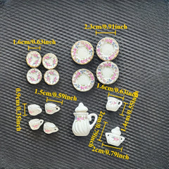 15pcs Dollhouse Food Playset with Ceramic Tea Set and Teacups