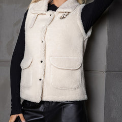 Plush Sleeveless Jacket with Dual Pockets for Women