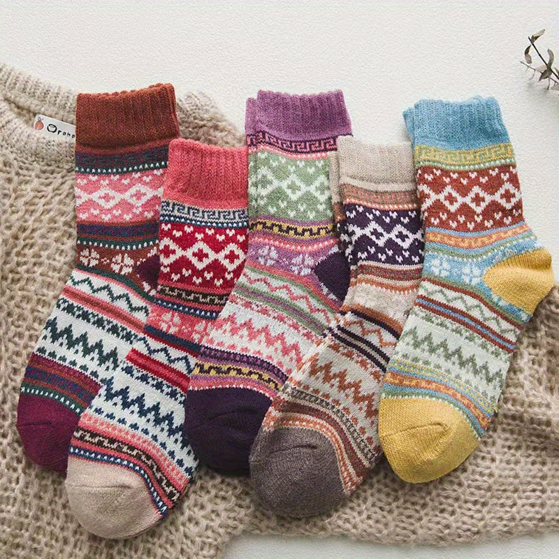 5 Pairs Geometric Print Colorblock Crew Socks