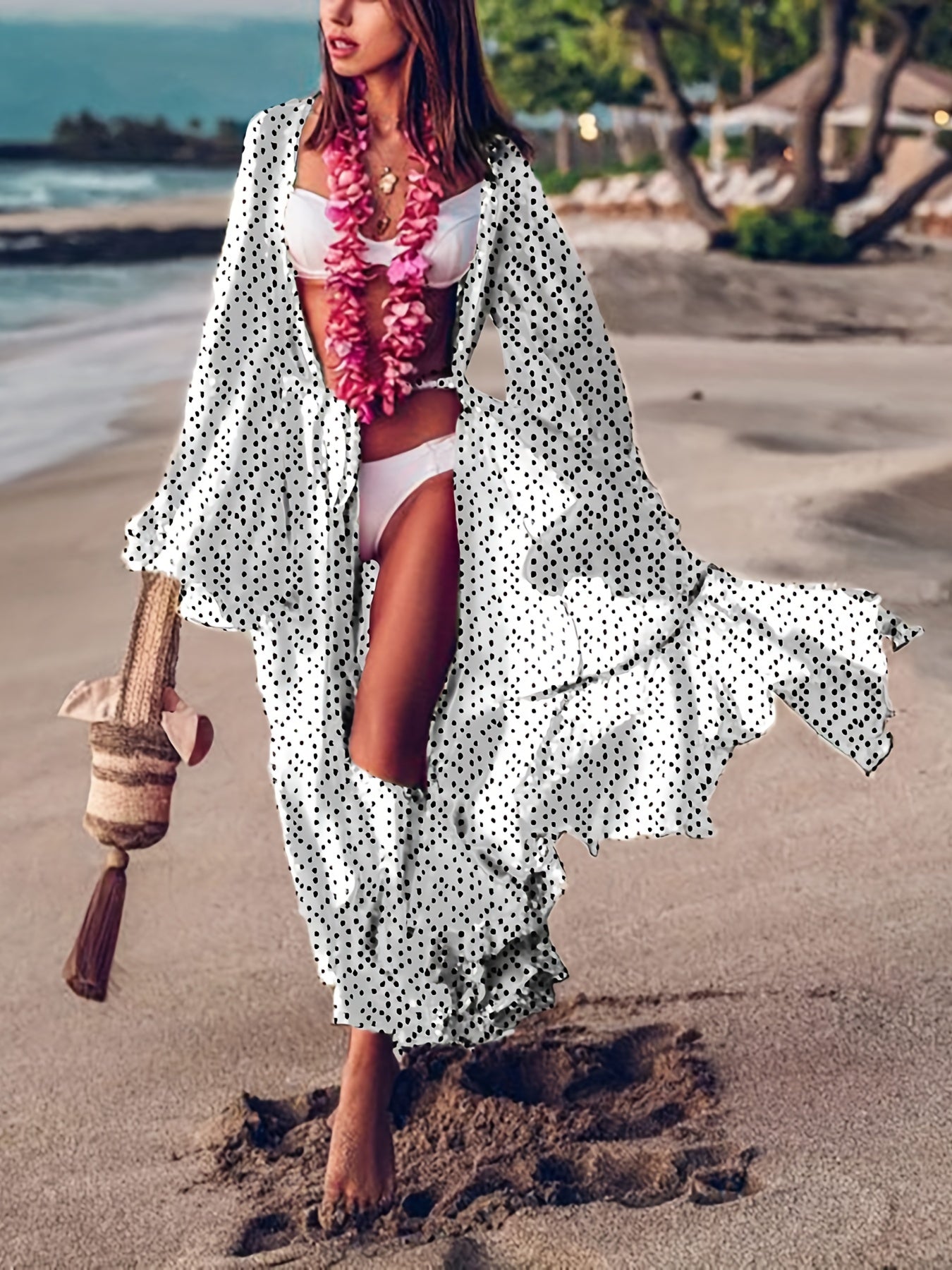 V Neck Loose Fit Ruffle Cover Up Shirt Beachwear Kimono