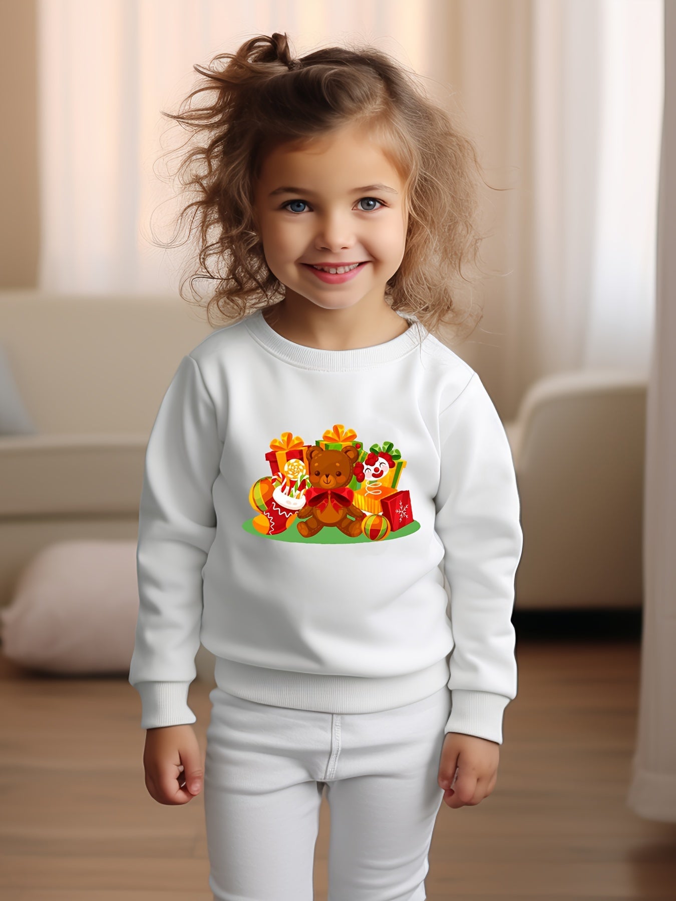 Cartoon Christmas Bear Graphic Crew Neck Long Sleeve Sweatshirt