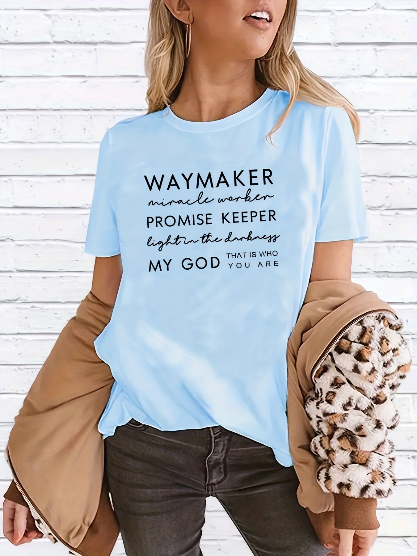 Faith Quote Print Crew Neck Graphic T shirt Short Sleeve Tee Women's Tops