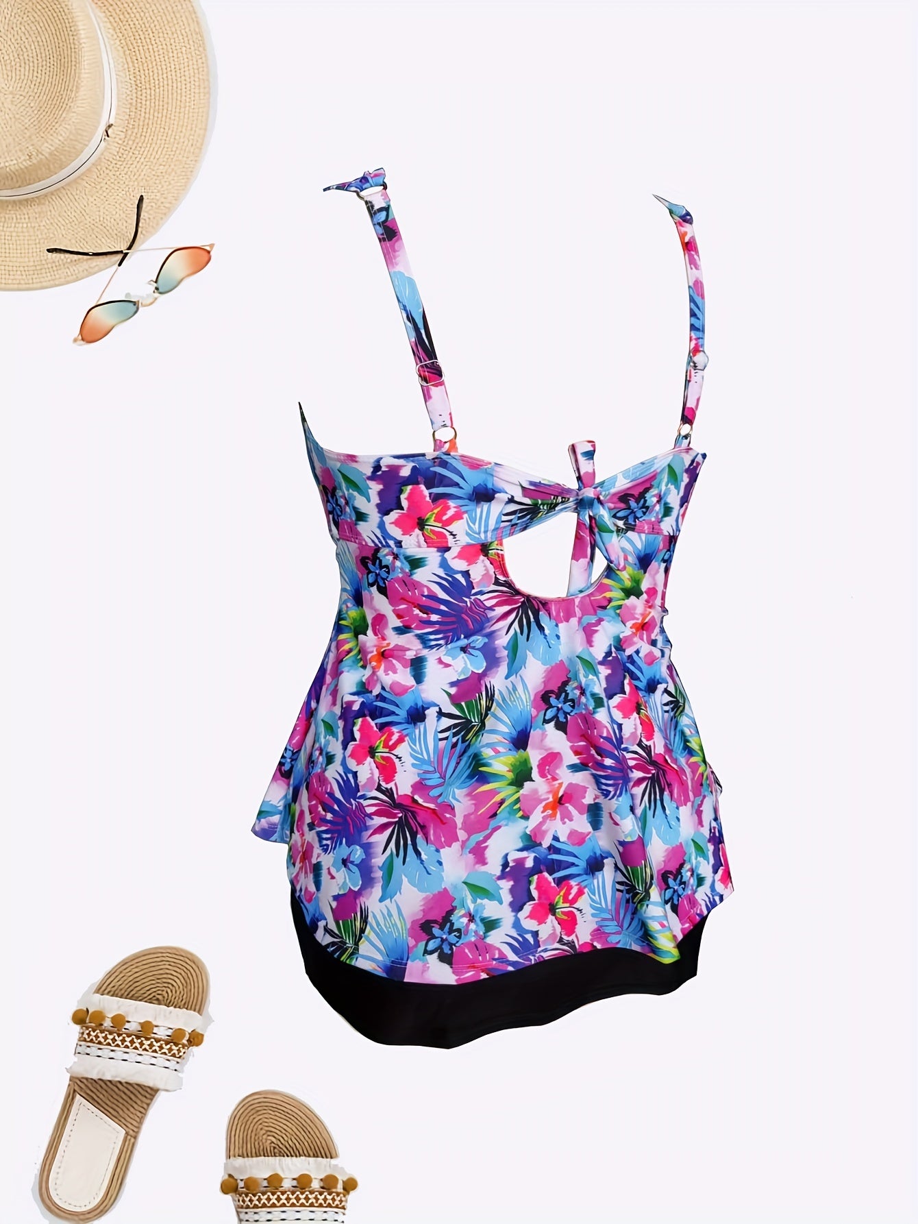 Tropical Print Tankini Set Twist Front Cami Top & Mini Skirt Swimsuit