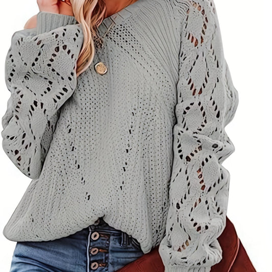 Casual Sweater Women's Eyelet Embroidered Lantern Sleeve