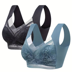 2pcs Lace Wireless Full Coverage Bras Women's Lingerie
