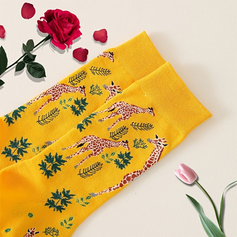 Colorblock Giraffe & Leaf Print Socks for Women