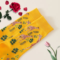 Colorblock Giraffe & Leaf Print Socks for Women