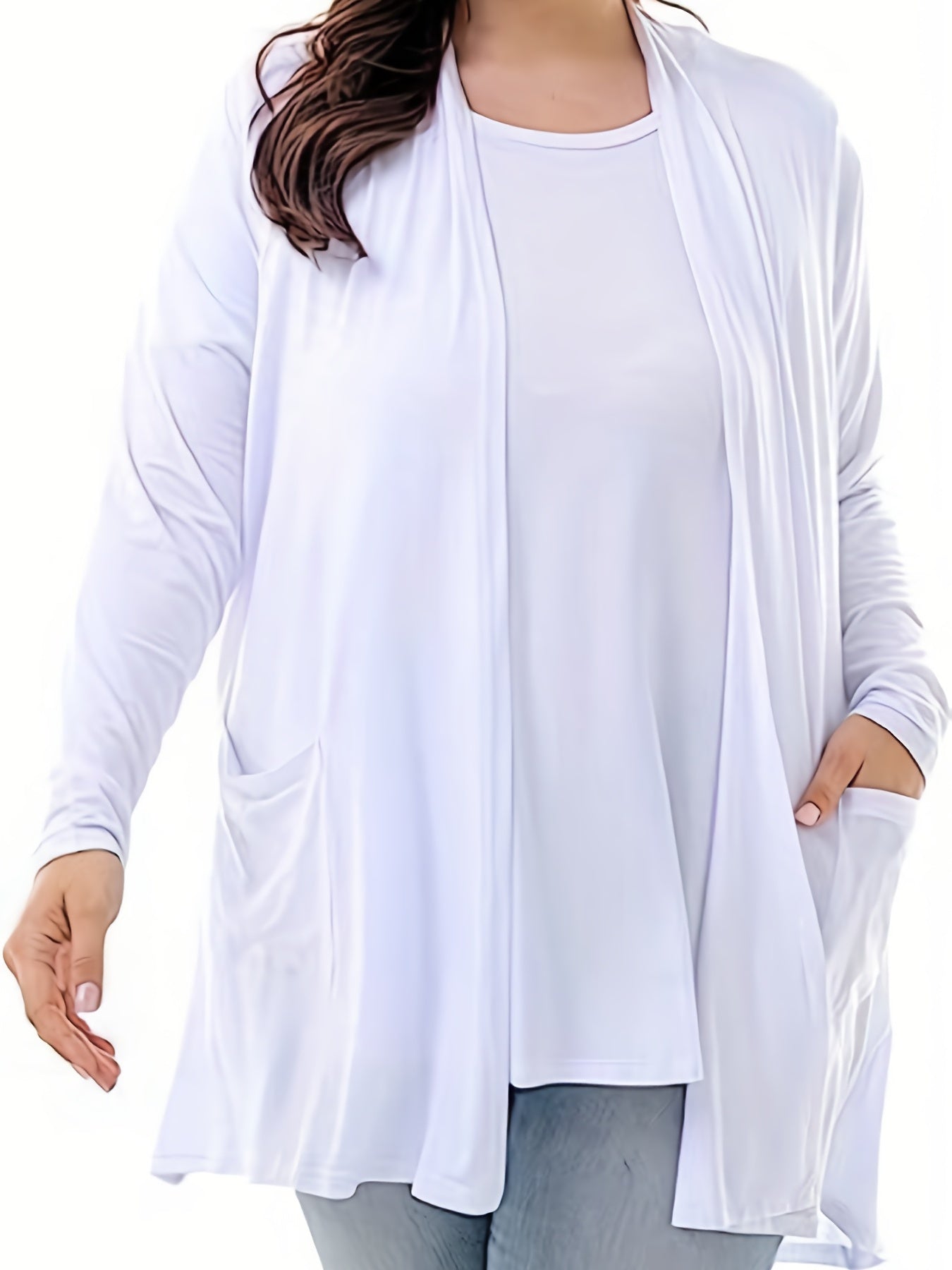 Solid Long Sleeve Open Front Cardigan With Pockets