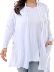 Solid Long Sleeve Open Front Cardigan With Pockets
