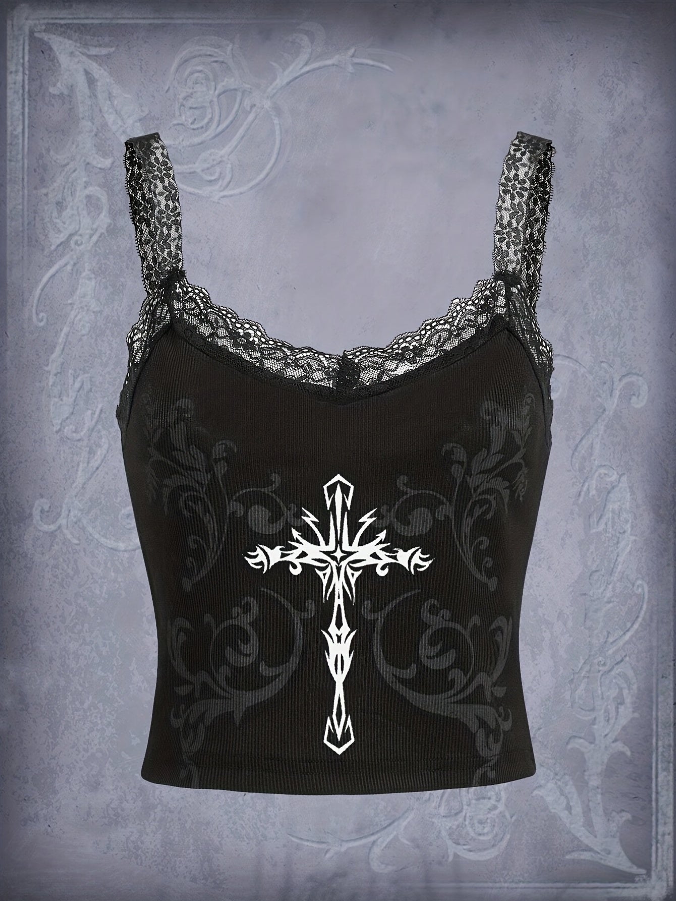 Gothic Cross Print Lace Cami Top Sleeveless Grunge Summer Top
