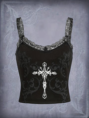 Gothic Cross Print Lace Cami Top Sleeveless Grunge Summer Top