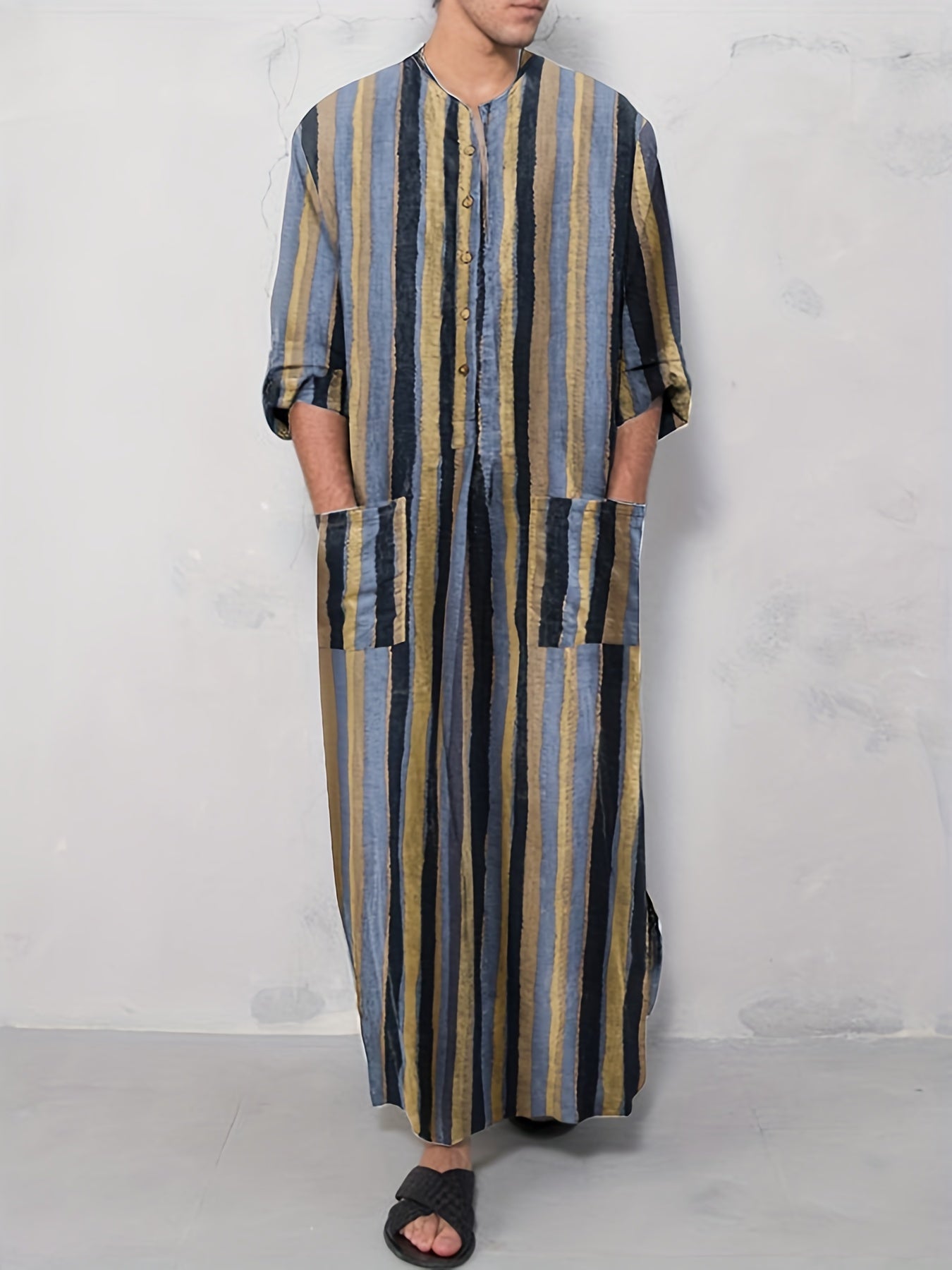 Men's Muslim Long Sleeve Striped Robes - Summer Style in the Middle East