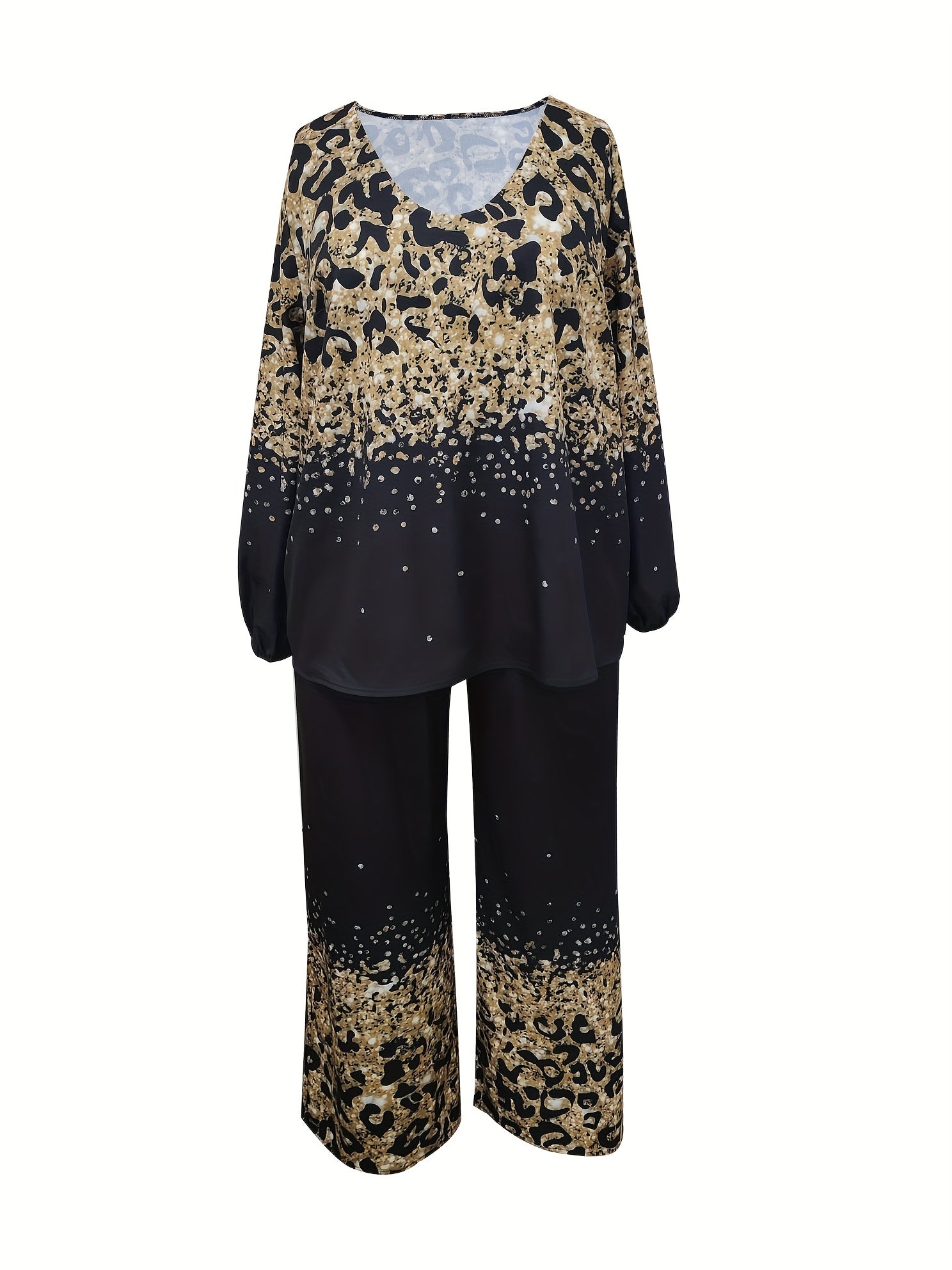 Glitter Leopard Print Plus Size Top & Pants Set