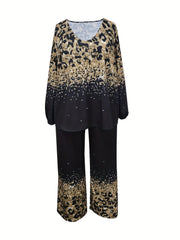 Glitter Leopard Print Plus Size Top & Pants Set