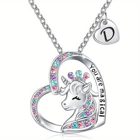 Cartoon Heart Unicorn Pendant Necklace Gift For Girls