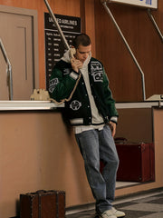 Varsity PU Jacket Men's Vintage Style Letter Print