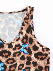 Leopard & Butterfly Print Tank Top V Neck Sleeveless Top