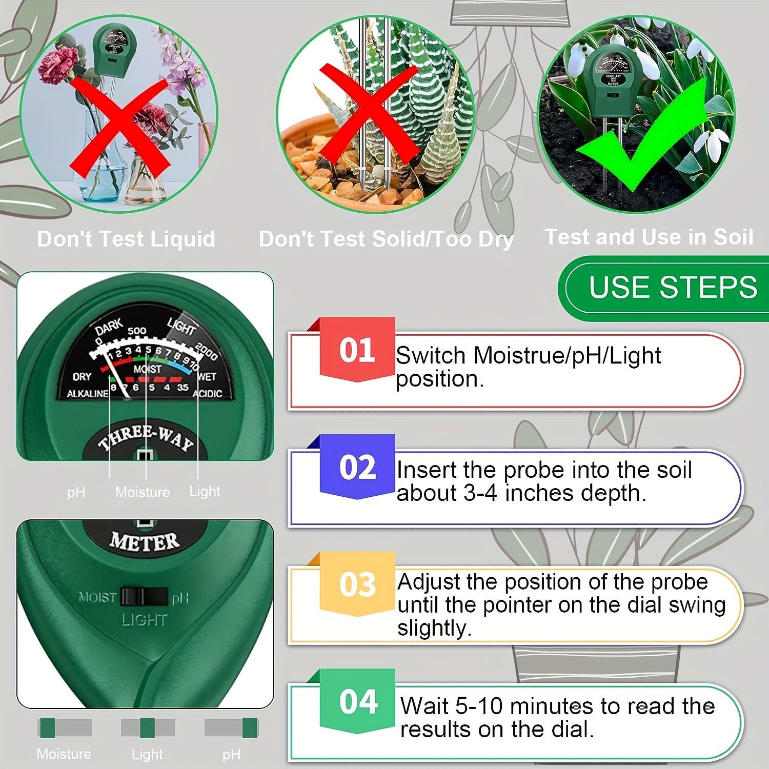 3-in-1 Soil PH Meter Moisture Light pH Tester Gardening Tool Kits For Plant Care