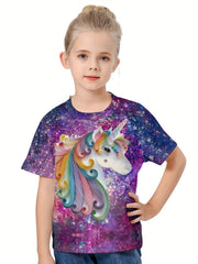 3D Starry Sky & Unicorn Graphic Short Sleeve T-shirt For Girls