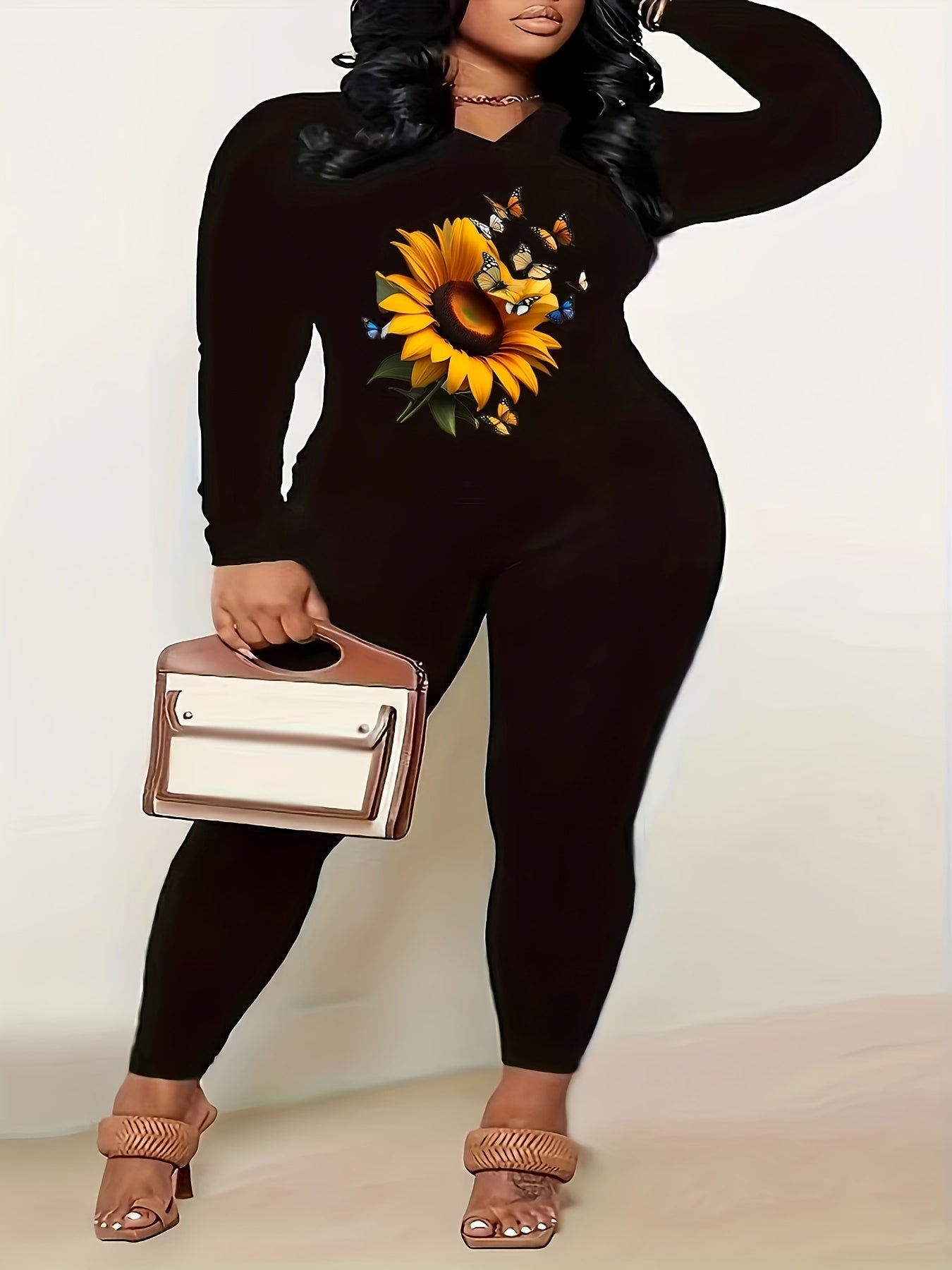 2 Piece Set Sunflower & Butterfly Print V Neck Top & Leggings