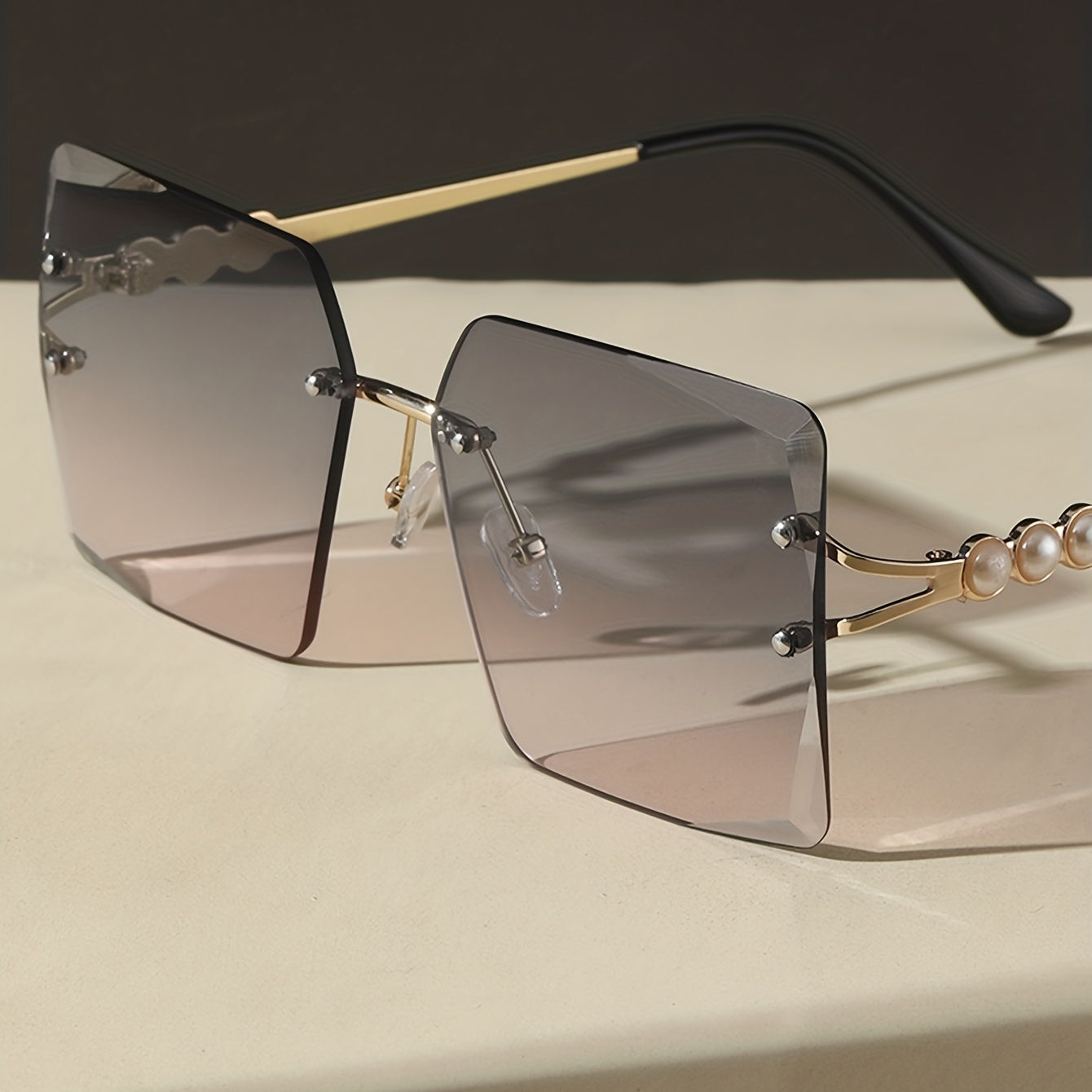 Oversized Rimless Sunglasses Summer Gradient Faux Pearl UV400 Sunnies