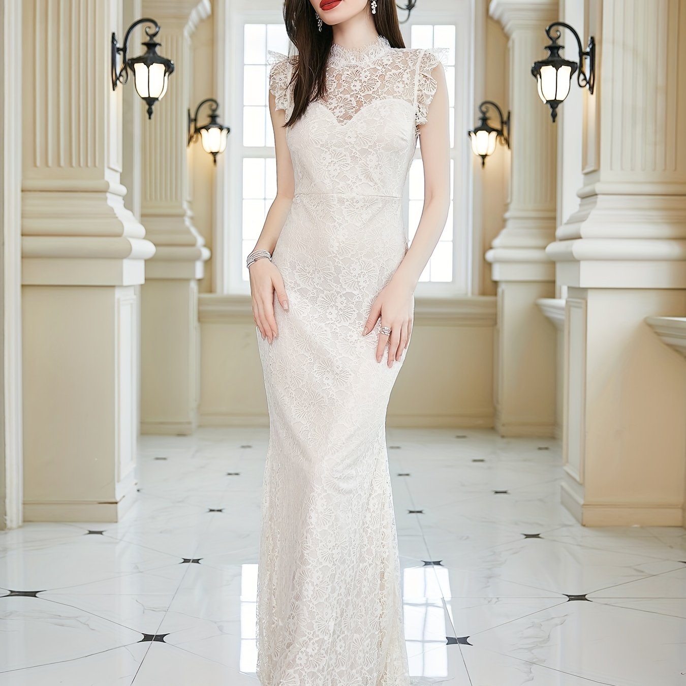Lace Backless Maxi Wedding Dress Sleeveless Solid