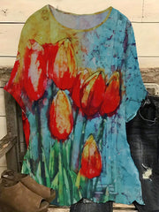 Floral Print Tie Dye Round Neck Short Sleeve Blouse